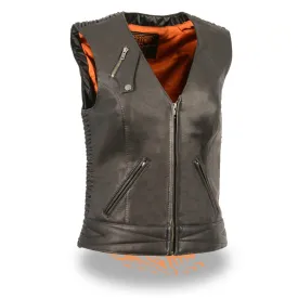 Milwaukee Leather MLL4571 Women's Black Lightweight Motorcycle Leather Vest w/ Crinkled Leather Design