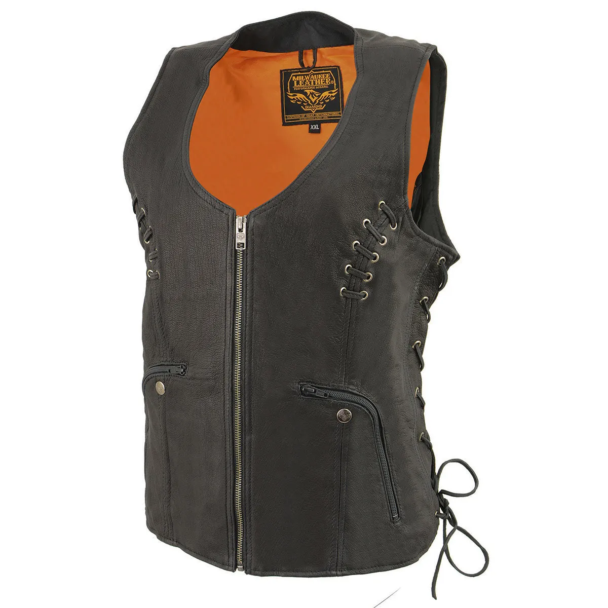 Milwaukee Leather Women's Classic V-Neck Black Leather Motorcycle Rider Vest w/ Adjustable Side Laces MLL4575