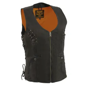 Milwaukee Leather Women's Classic V-Neck Black Leather Motorcycle Rider Vest w/ Adjustable Side Laces MLL4575