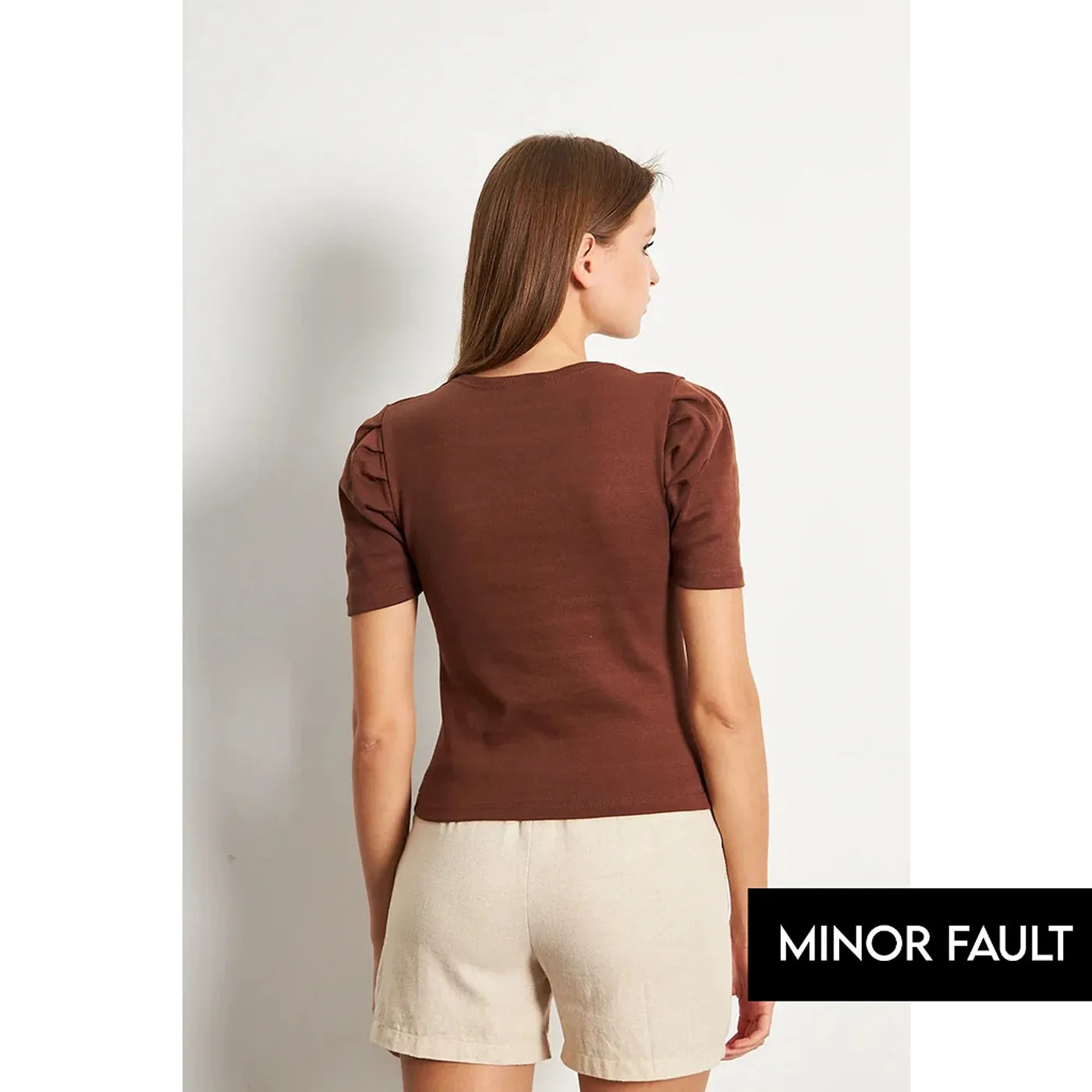 (Minor Fault) Brown Square Neck Puff Sleeves Top