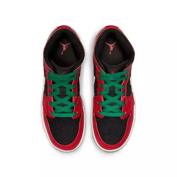 Nike Kid's Air Jordan 1 Mid SE Shoes - Fire Red / Black / Malachite Green / White