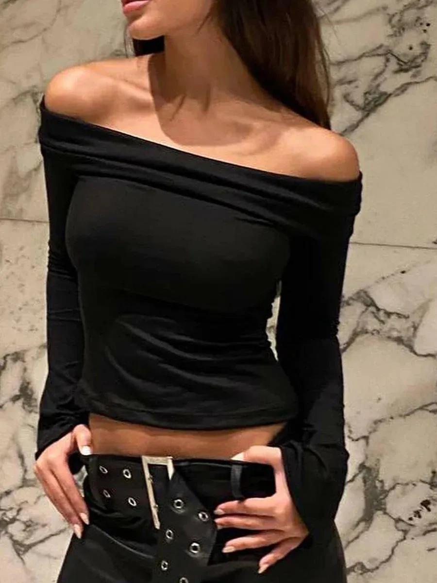 Off Shoulder Crop Solid Color Long Sleeve Slim Spring Fall Casual Aesthetic Streetwear Y2K T-shirt