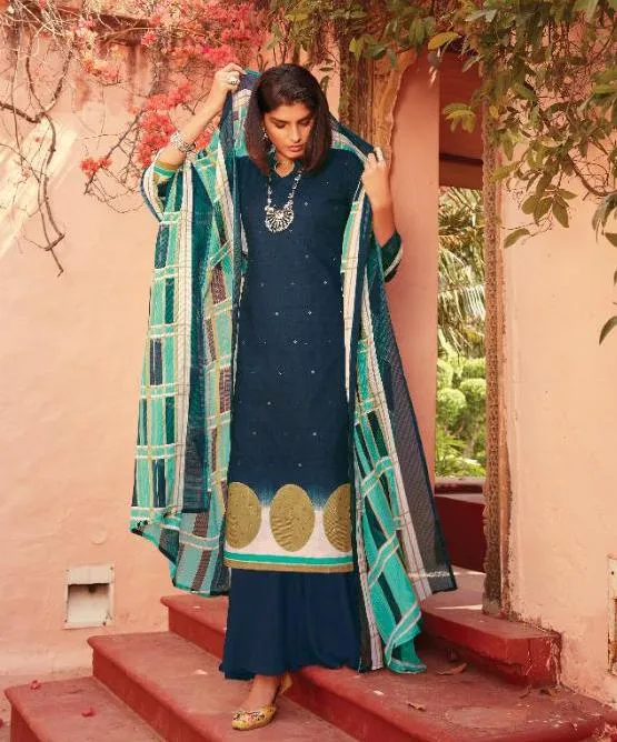 Pakistani Lawn Cotton Dark Blue Unstitched Suit Dress Material for Women