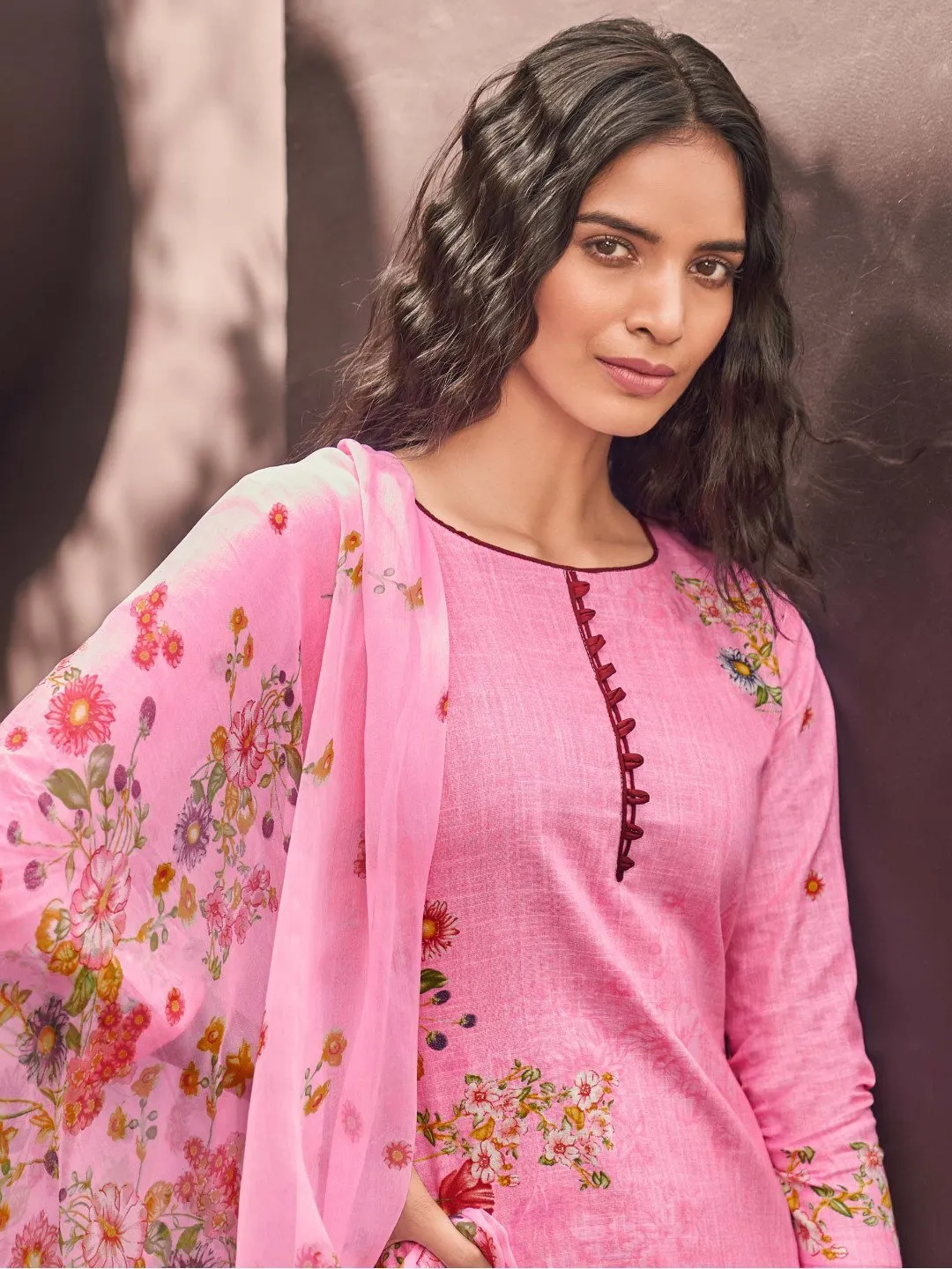 Pink Cotton Linen Printed Un-Stitched Suit Material for Ladies