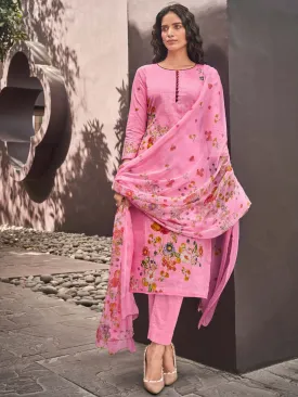 Pink Cotton Linen Printed Un-Stitched Suit Material for Ladies