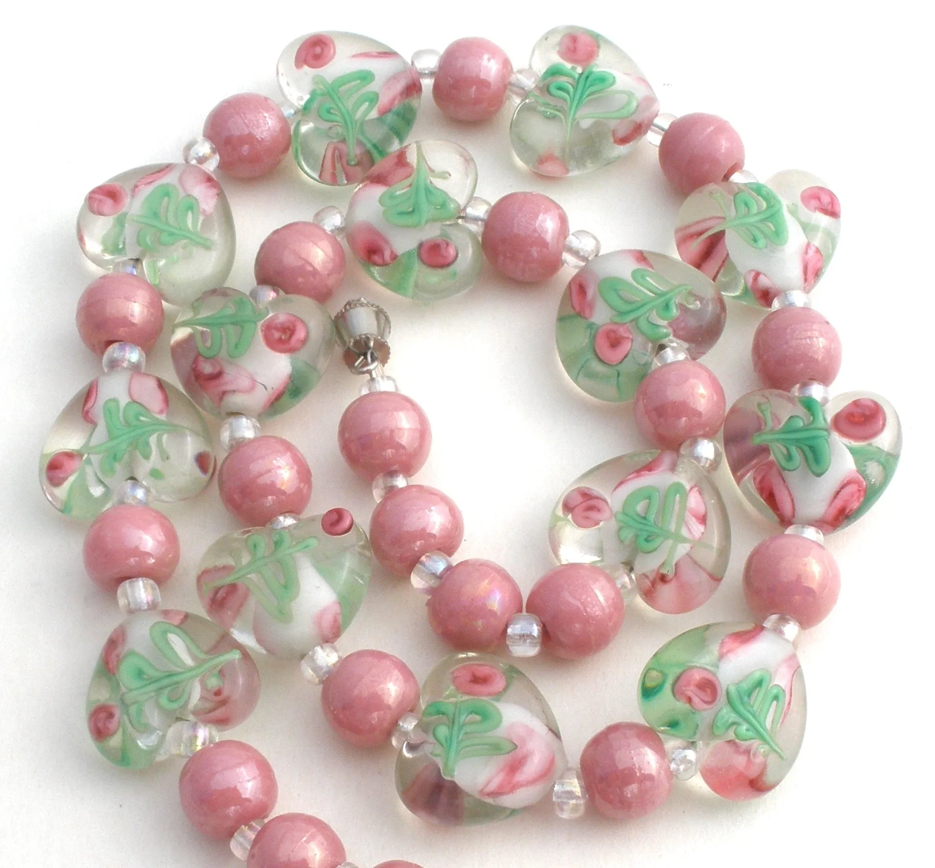 Pink Murano Lampwork Rose Heart Glass Bead Necklace