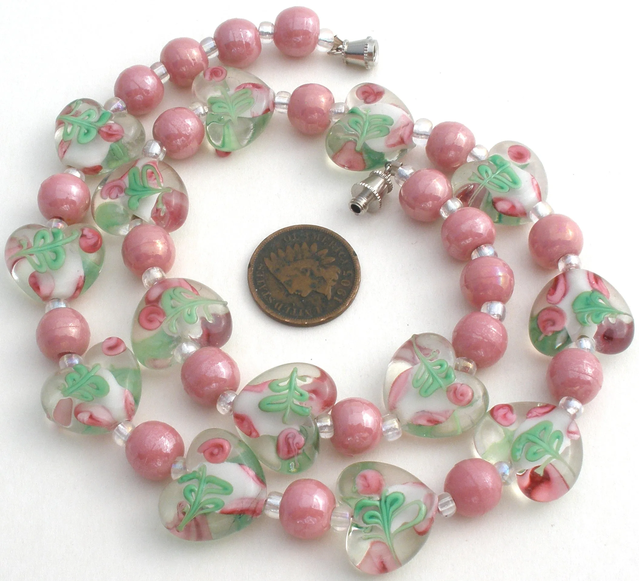 Pink Murano Lampwork Rose Heart Glass Bead Necklace