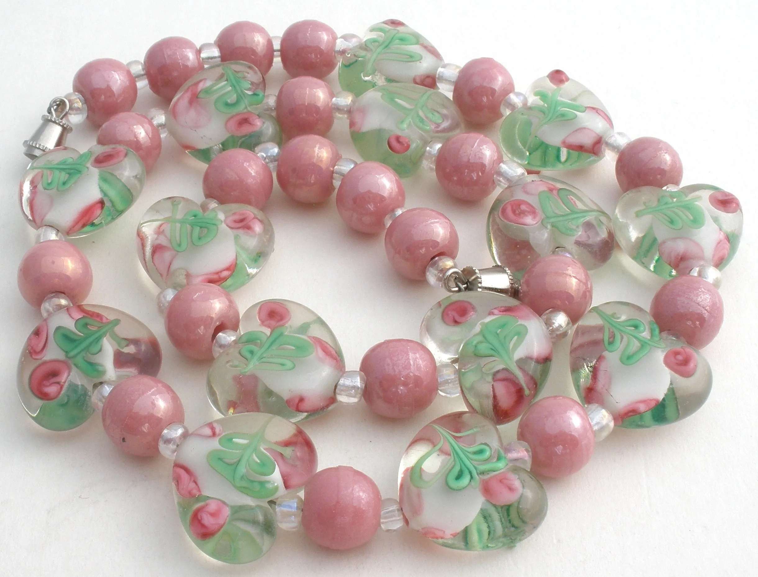 Pink Murano Lampwork Rose Heart Glass Bead Necklace