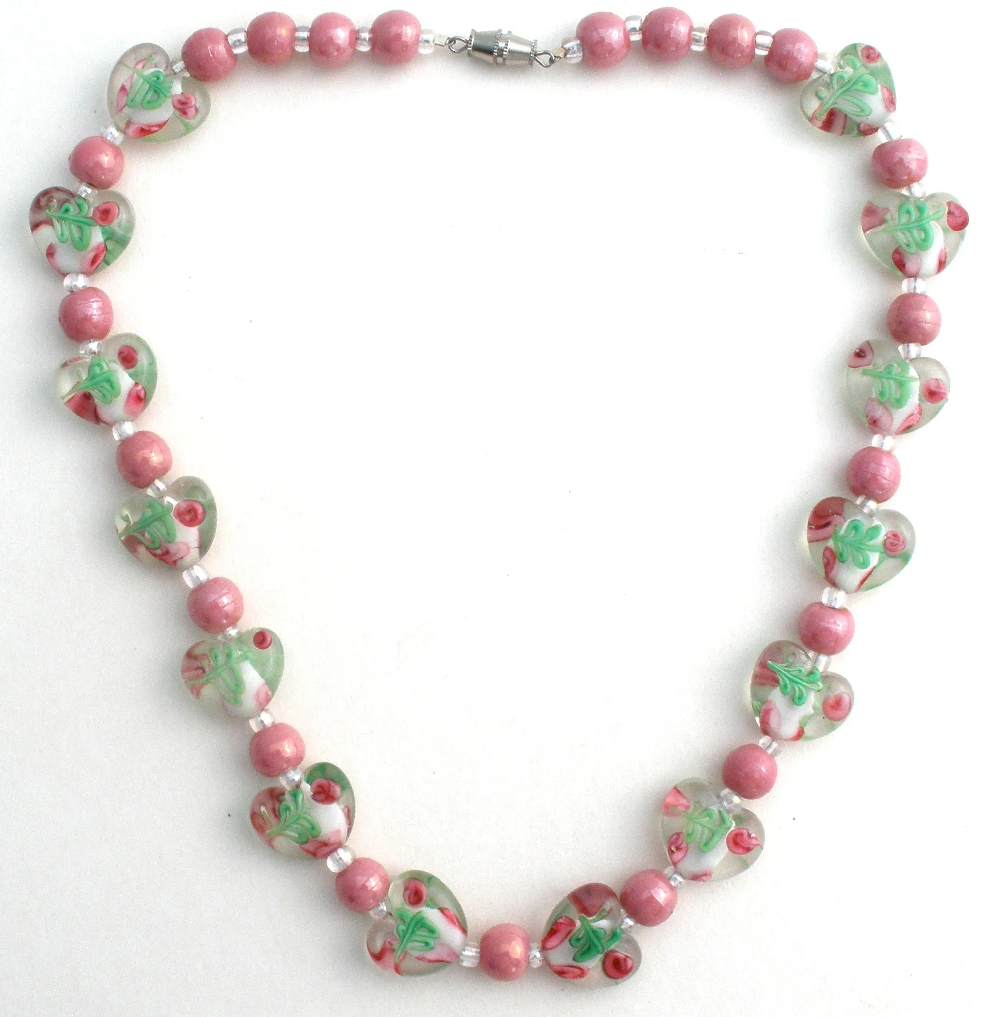 Pink Murano Lampwork Rose Heart Glass Bead Necklace