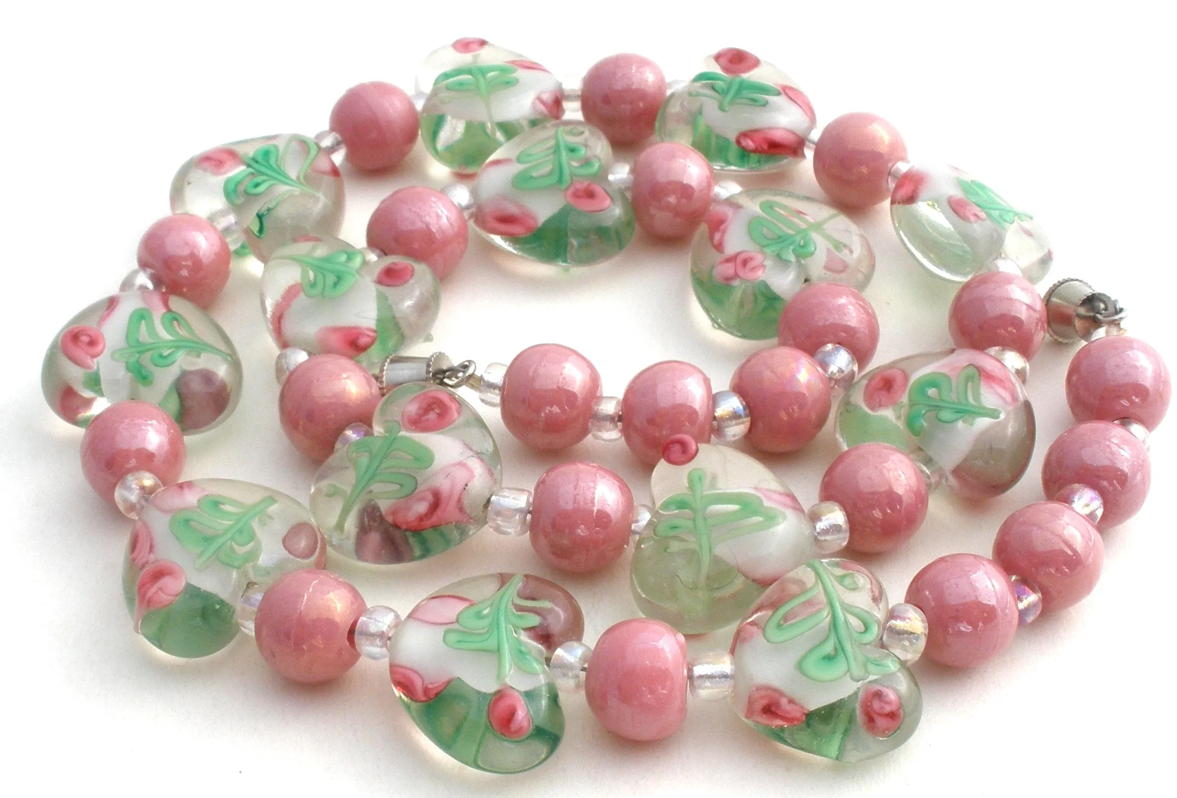 Pink Murano Lampwork Rose Heart Glass Bead Necklace