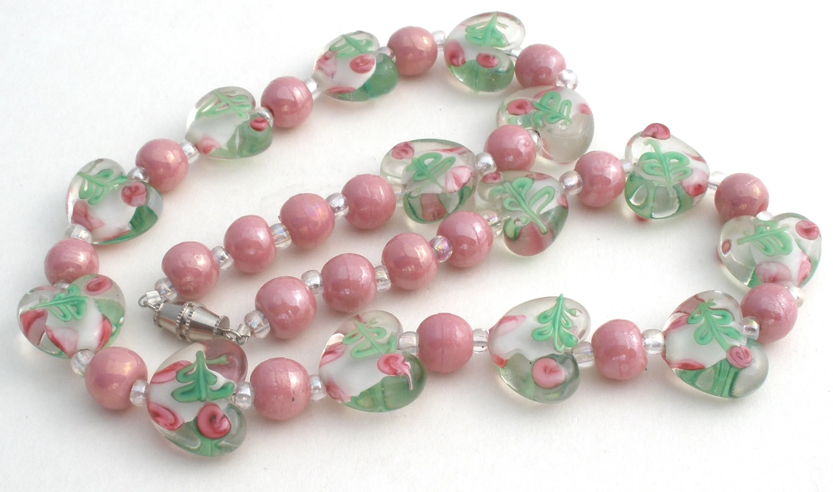 Pink Murano Lampwork Rose Heart Glass Bead Necklace