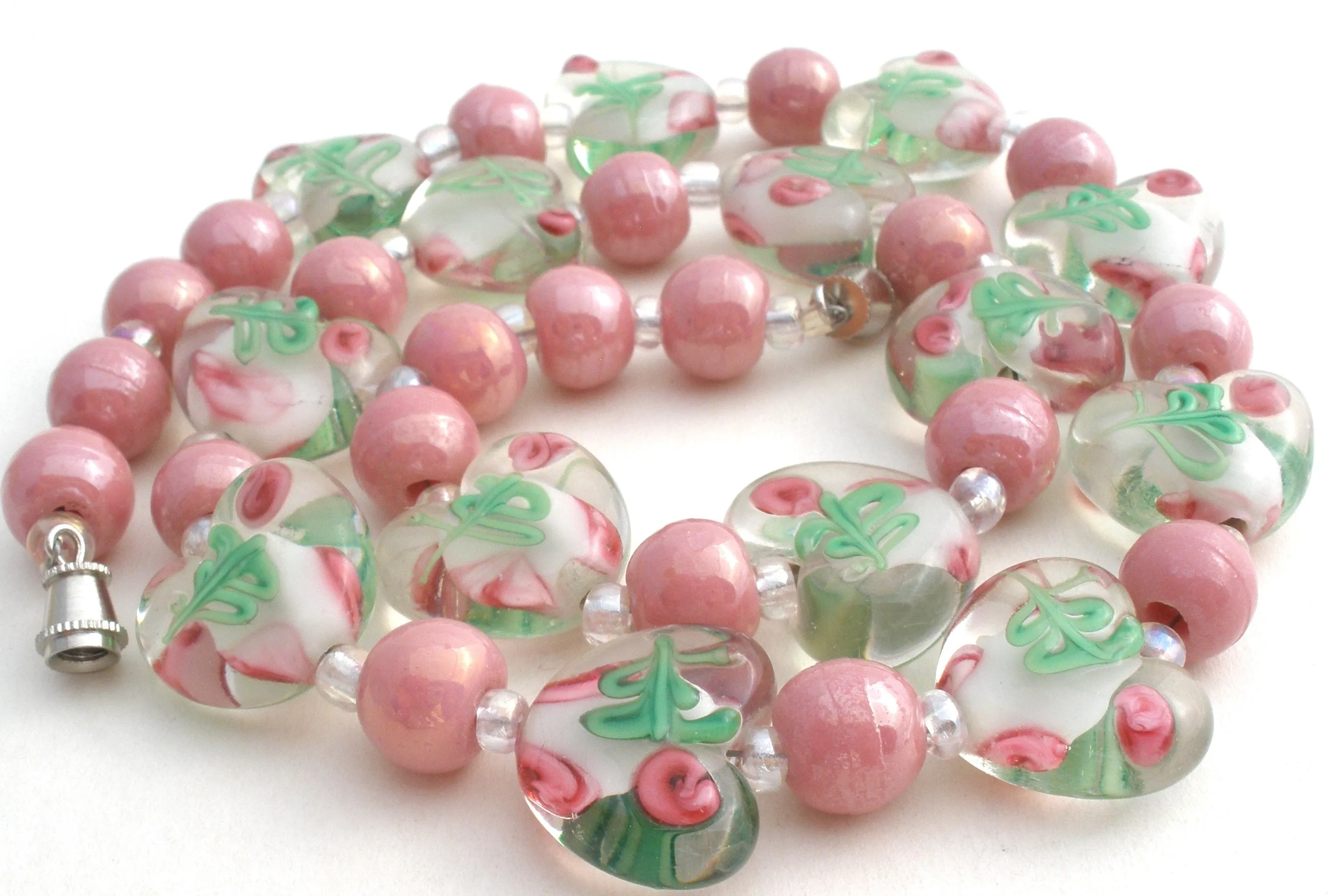 Pink Murano Lampwork Rose Heart Glass Bead Necklace