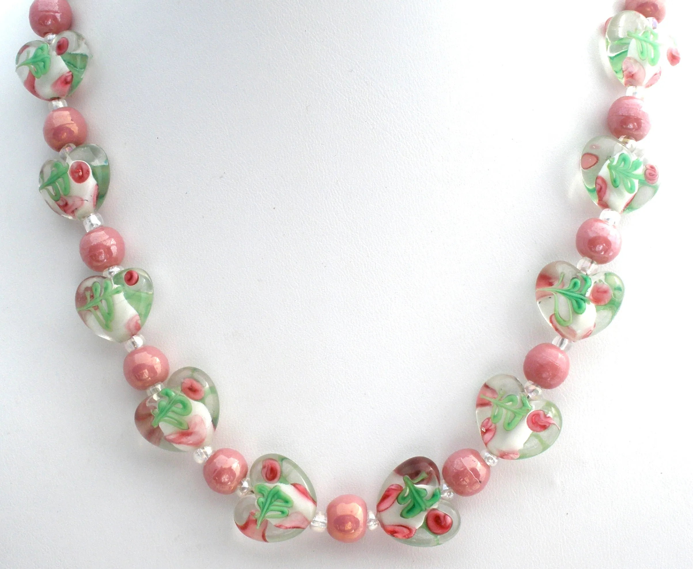 Pink Murano Lampwork Rose Heart Glass Bead Necklace