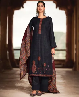 Pure Pashmina Black Unstitched Winter Suit Set With Printed Shawl