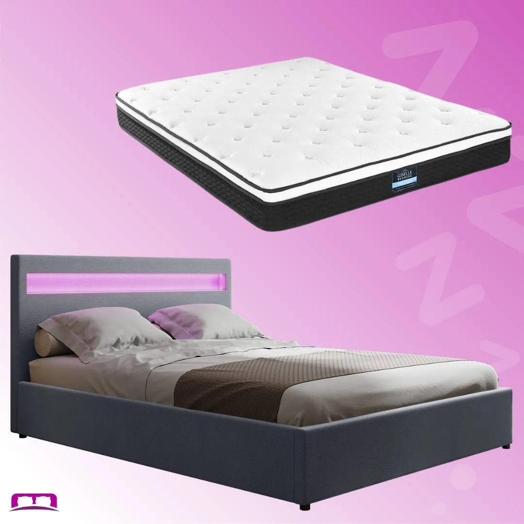 Queen Package | Wanda LED Storage Bed Grey & Bonita Euro Top Mattress (Medium Firm)