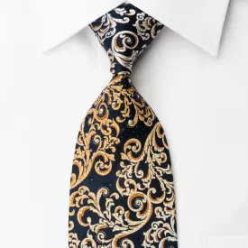 Renoma Silk Rhinestone Necktie Golden Vines On Blue With Silver Sparkles