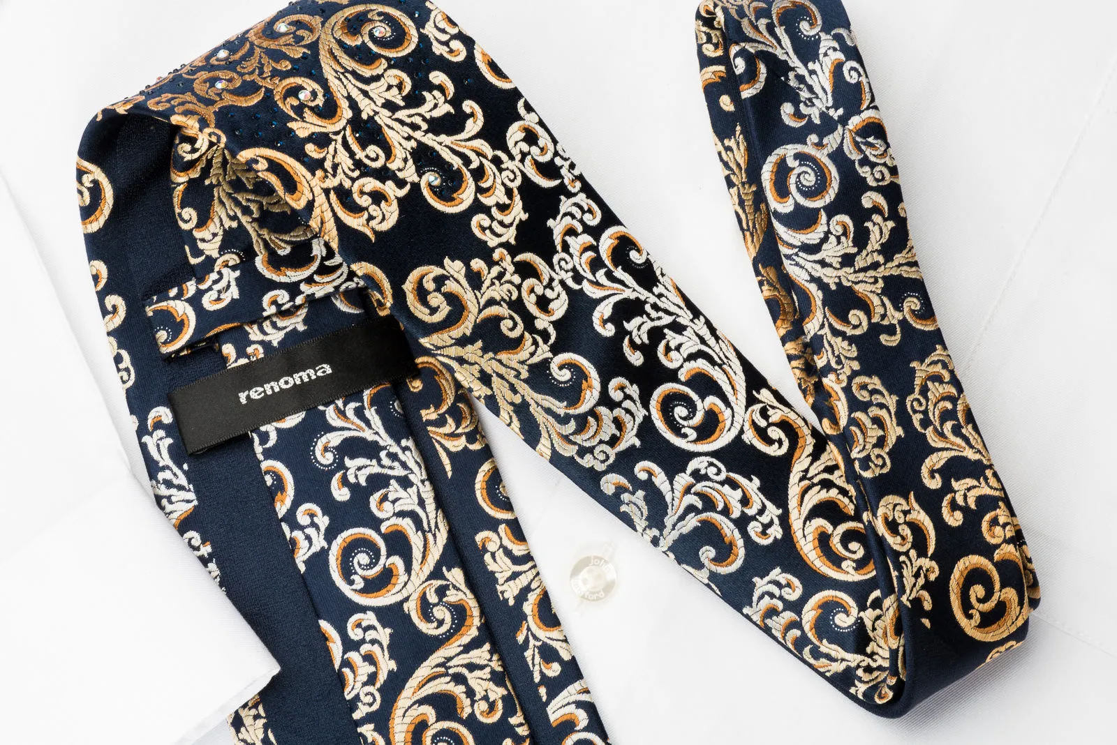 Renoma Silk Rhinestone Necktie Golden Vines On Blue With Silver Sparkles