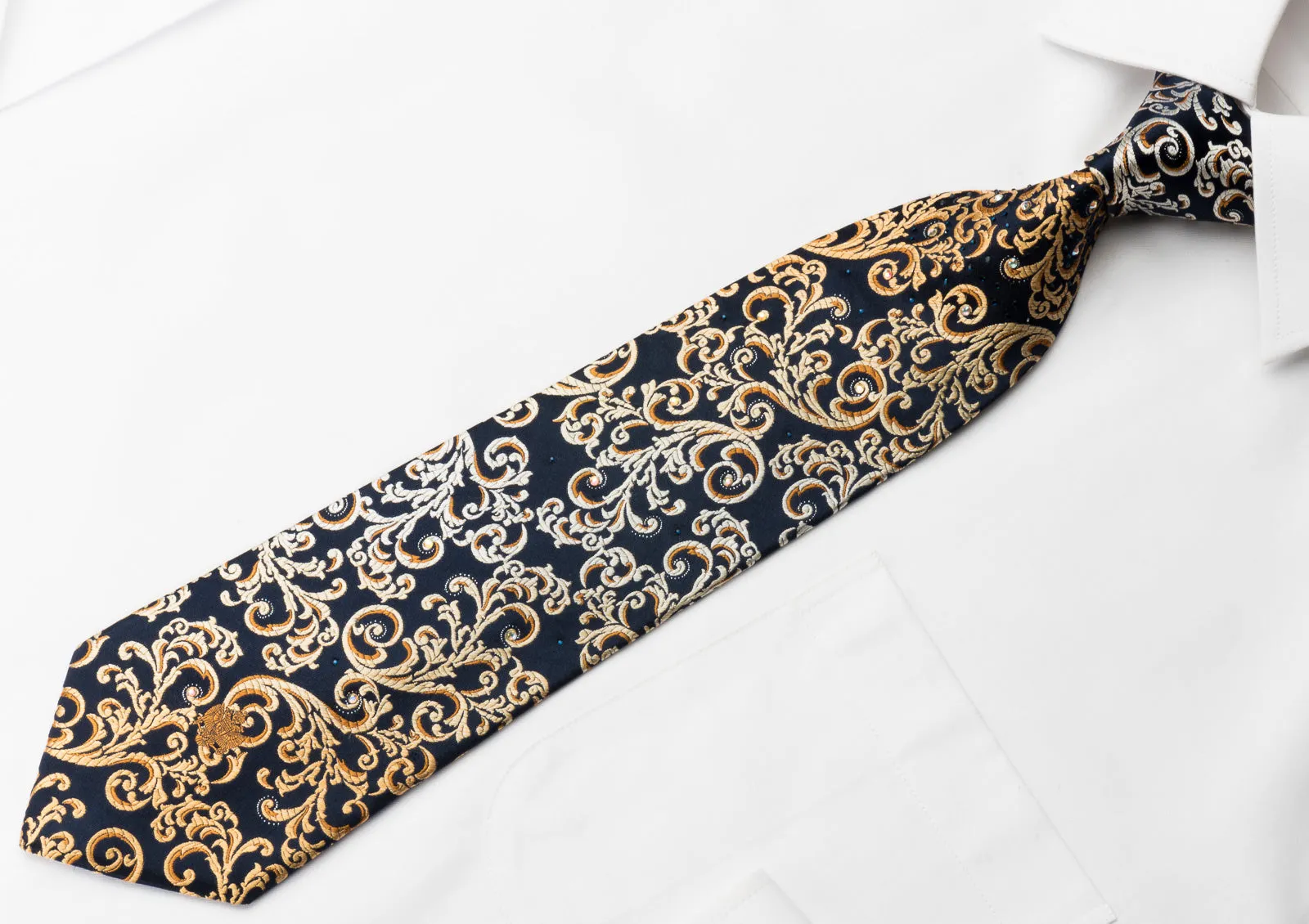 Renoma Silk Rhinestone Necktie Golden Vines On Blue With Silver Sparkles