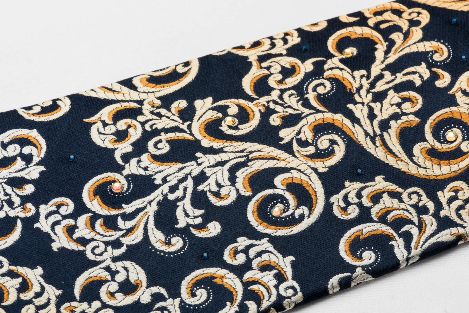 Renoma Silk Rhinestone Necktie Golden Vines On Blue With Silver Sparkles