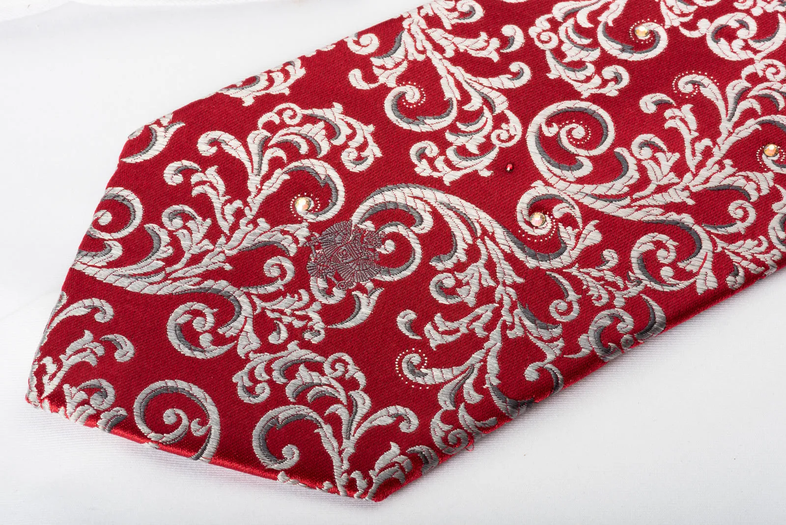 Renoma Silk Rhinestone Necktie Silver Vines On Burgundy With Silver Sparkles