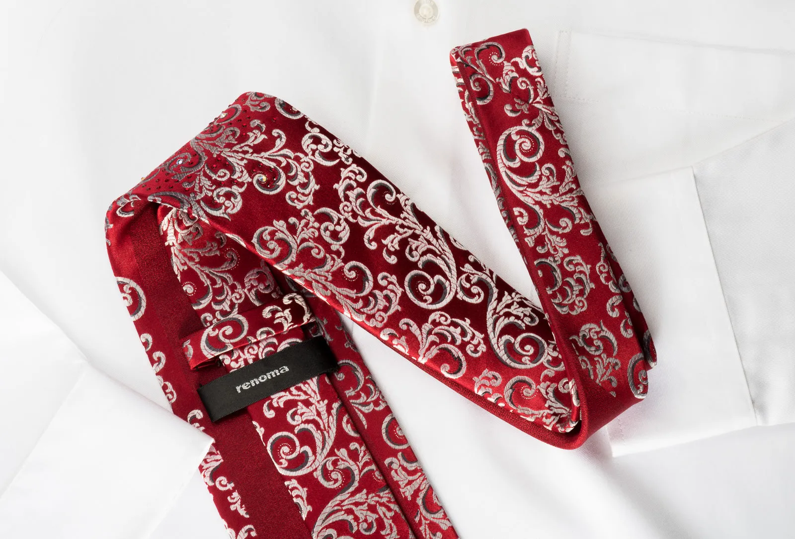 Renoma Silk Rhinestone Necktie Silver Vines On Burgundy With Silver Sparkles