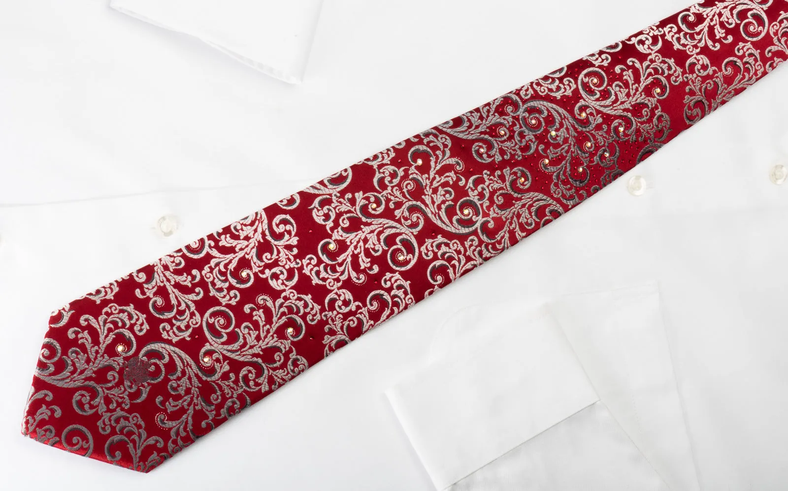 Renoma Silk Rhinestone Necktie Silver Vines On Burgundy With Silver Sparkles