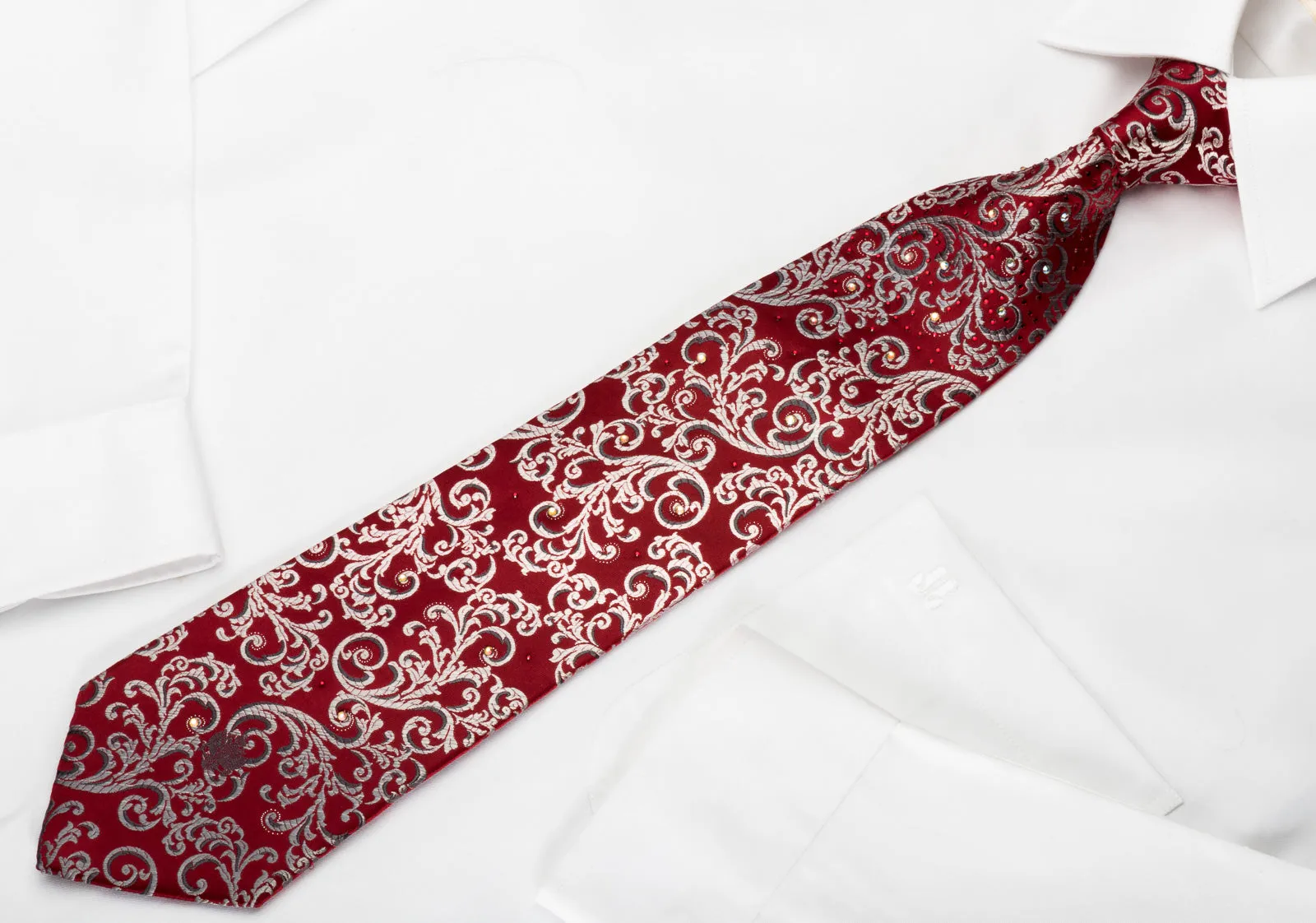 Renoma Silk Rhinestone Necktie Silver Vines On Burgundy With Silver Sparkles