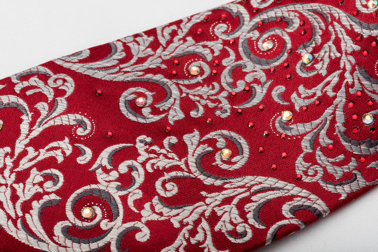 Renoma Silk Rhinestone Necktie Silver Vines On Burgundy With Silver Sparkles