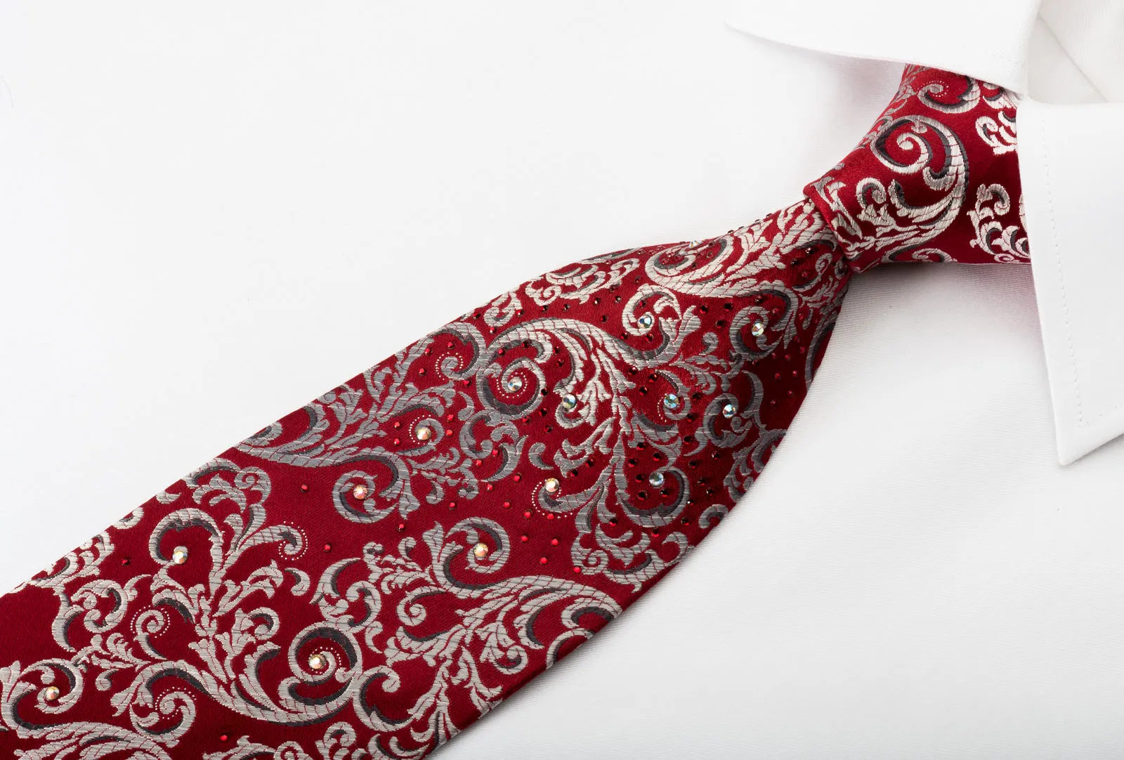 Renoma Silk Rhinestone Necktie Silver Vines On Burgundy With Silver Sparkles