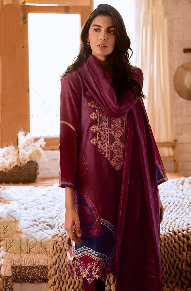 Rosemeen Pakistani Purple Cambric Cotton Suit Material With Dupatta