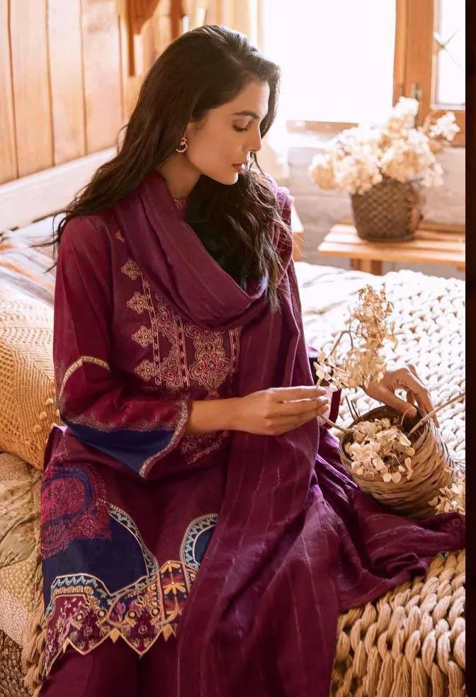 Rosemeen Pakistani Purple Cambric Cotton Suit Material With Dupatta