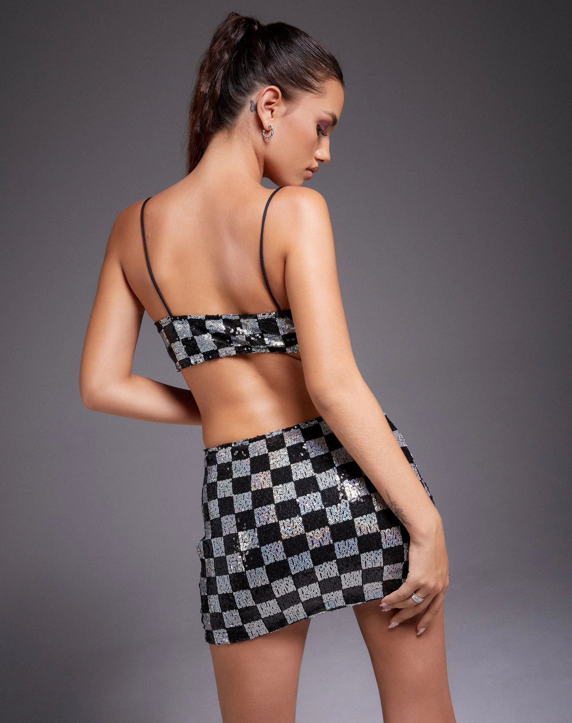 Sazip Mini Skirt in Checkerboard Sequin Black and Silver