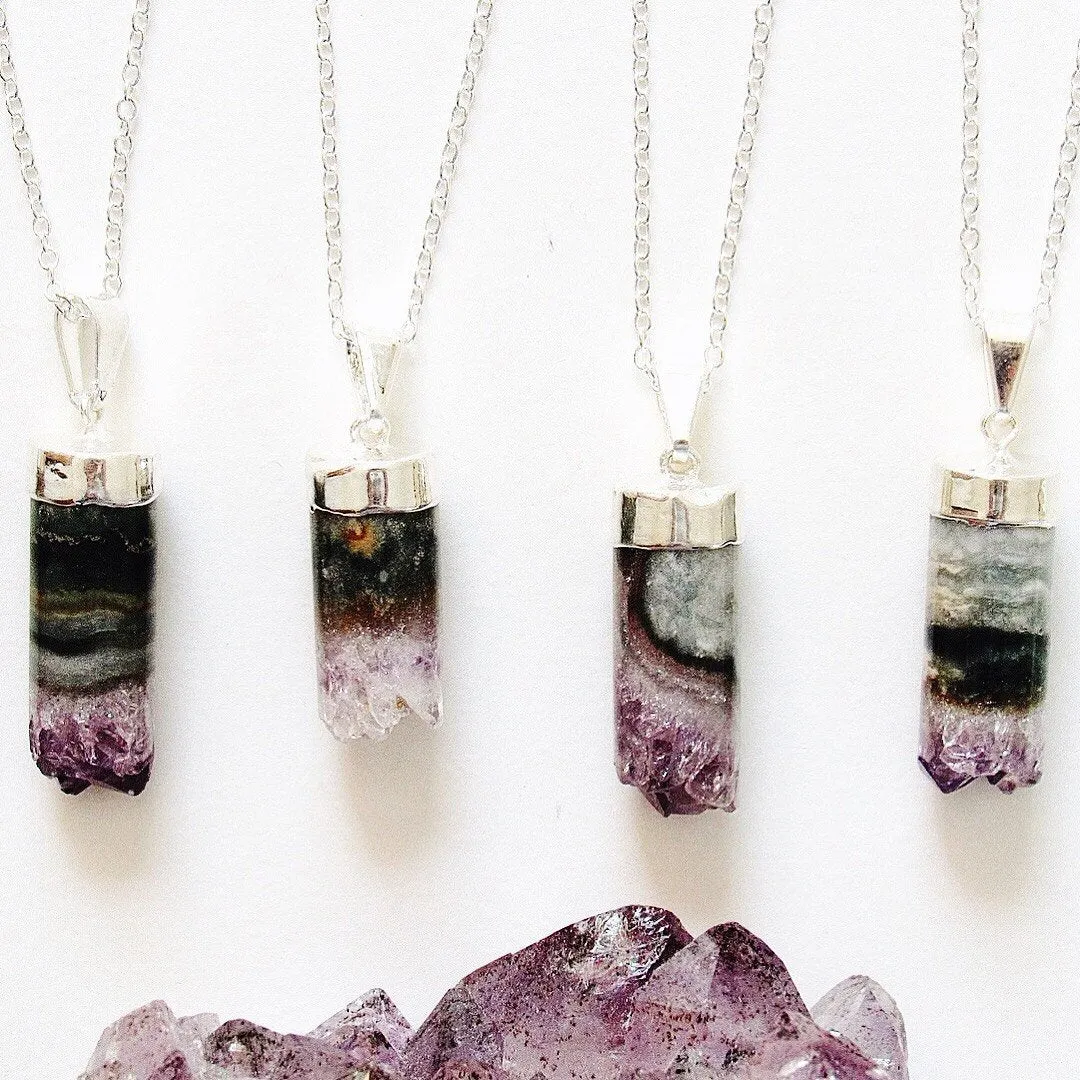 Silver Cylindrical Amethyst Necklaces