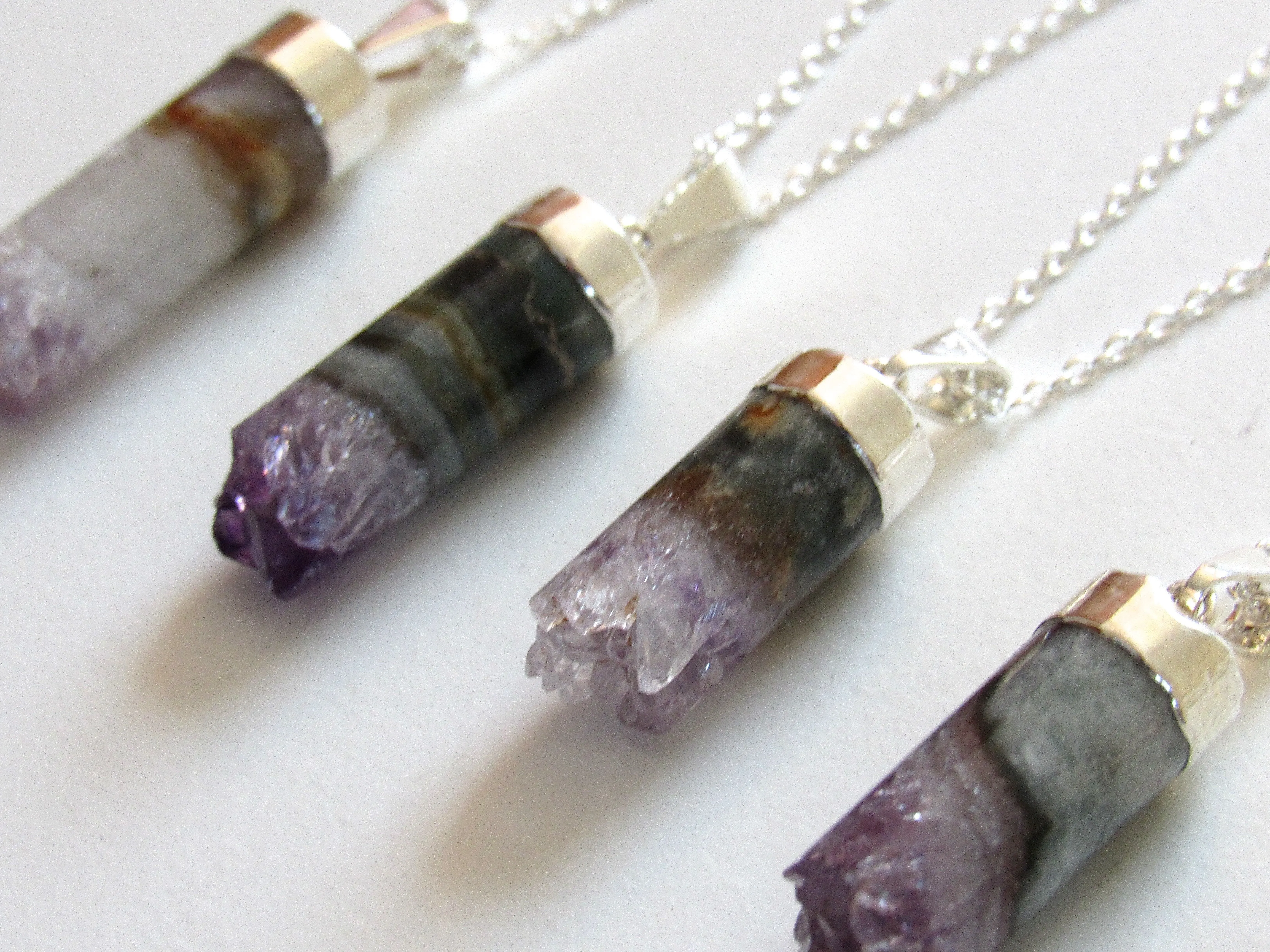 Silver Cylindrical Amethyst Necklaces