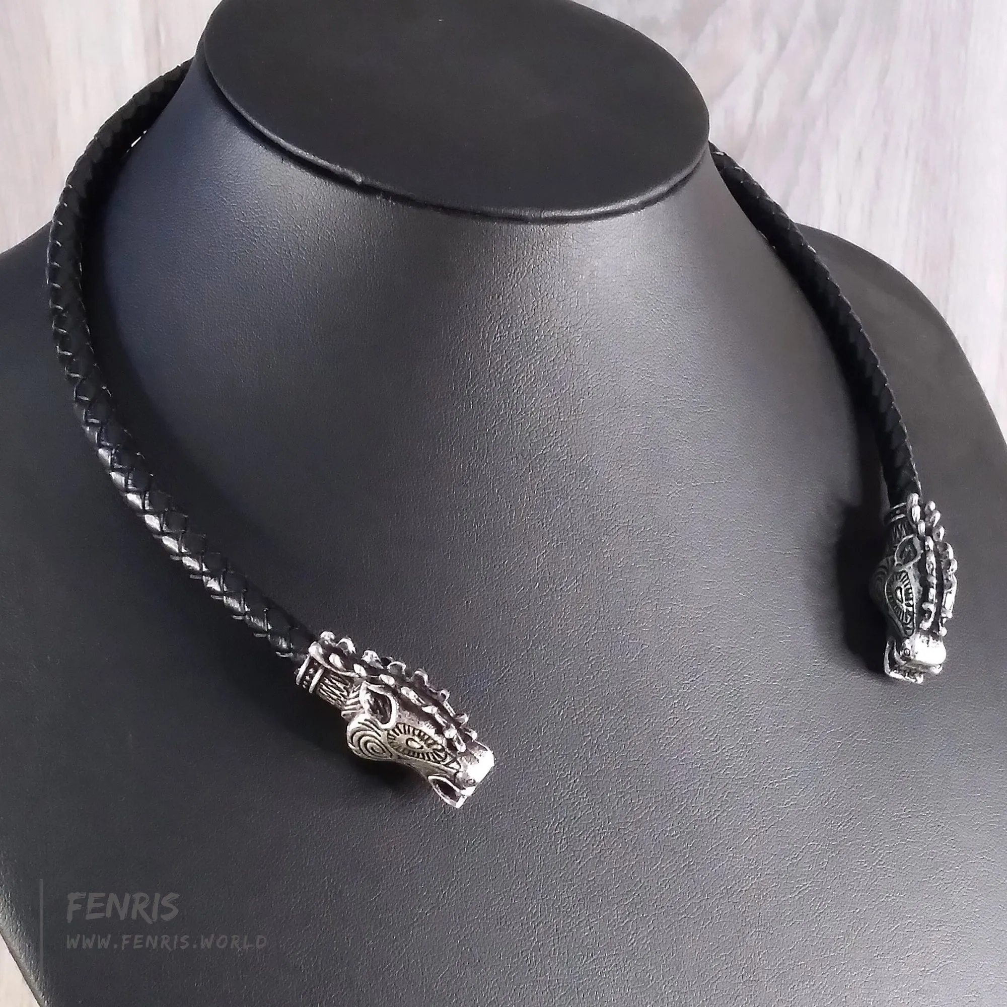 Stag Torc Necklace Silver Black Leather Celtic Viking