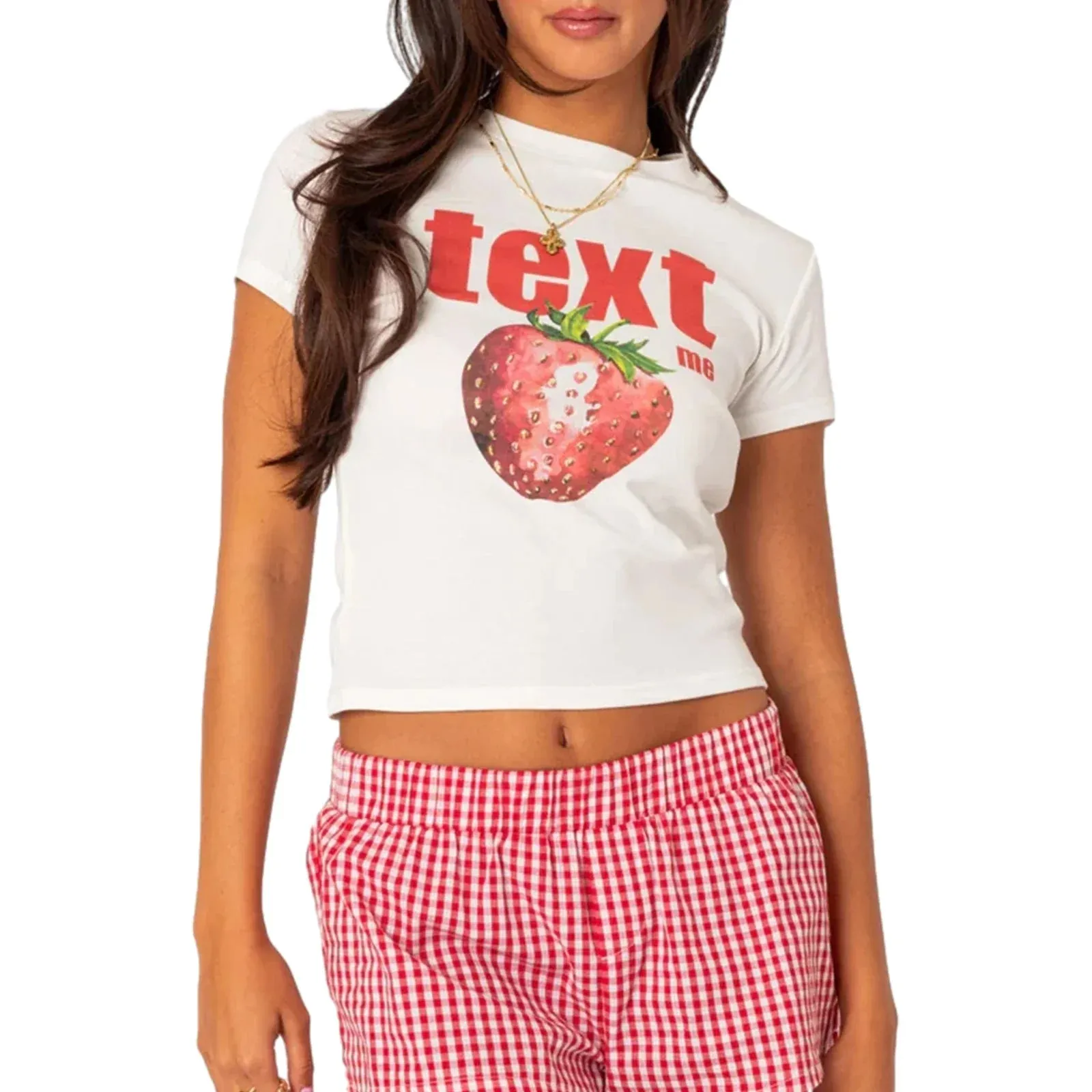 Strawberry Print Crew Neck Short Sleeve Crop Top Slim Fit Casual Daily Streetwear Summer T-shirt