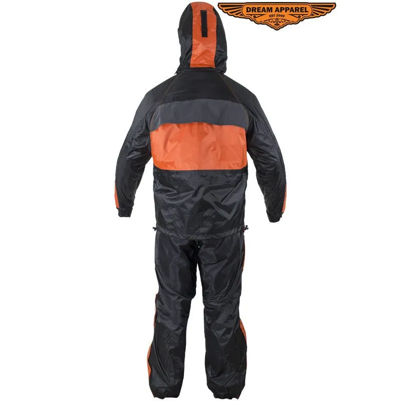 Two-Piece Black & Orange Rain Suit With Zippered Side Seams