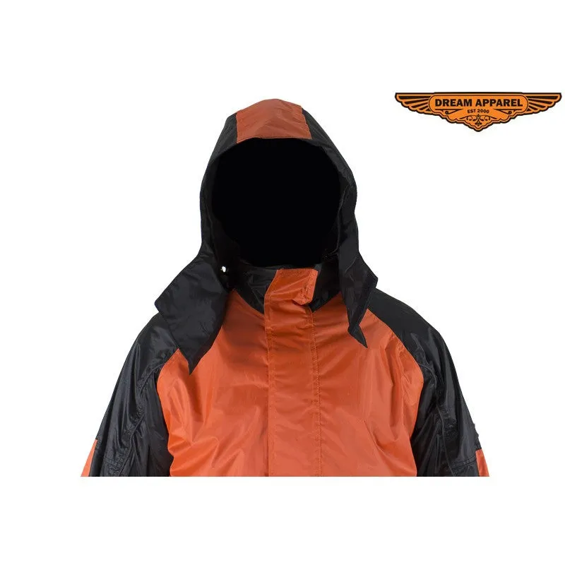 Two-Piece Black & Orange Rain Suit With Zippered Side Seams