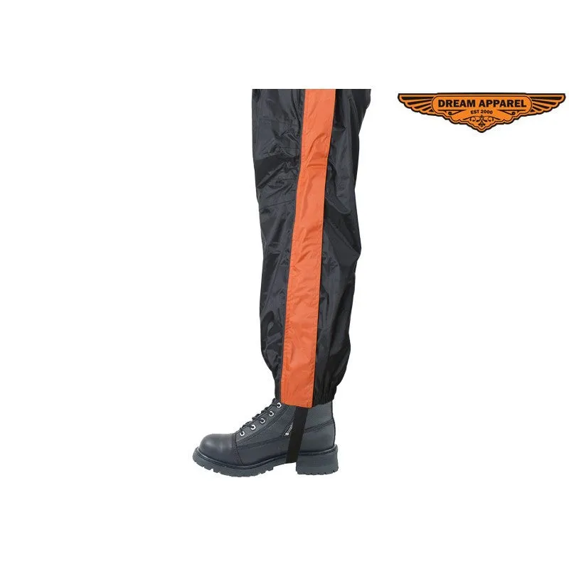 Two-Piece Black & Orange Rain Suit With Zippered Side Seams