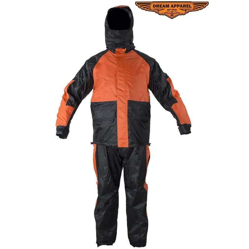 Two-Piece Black & Orange Rain Suit With Zippered Side Seams