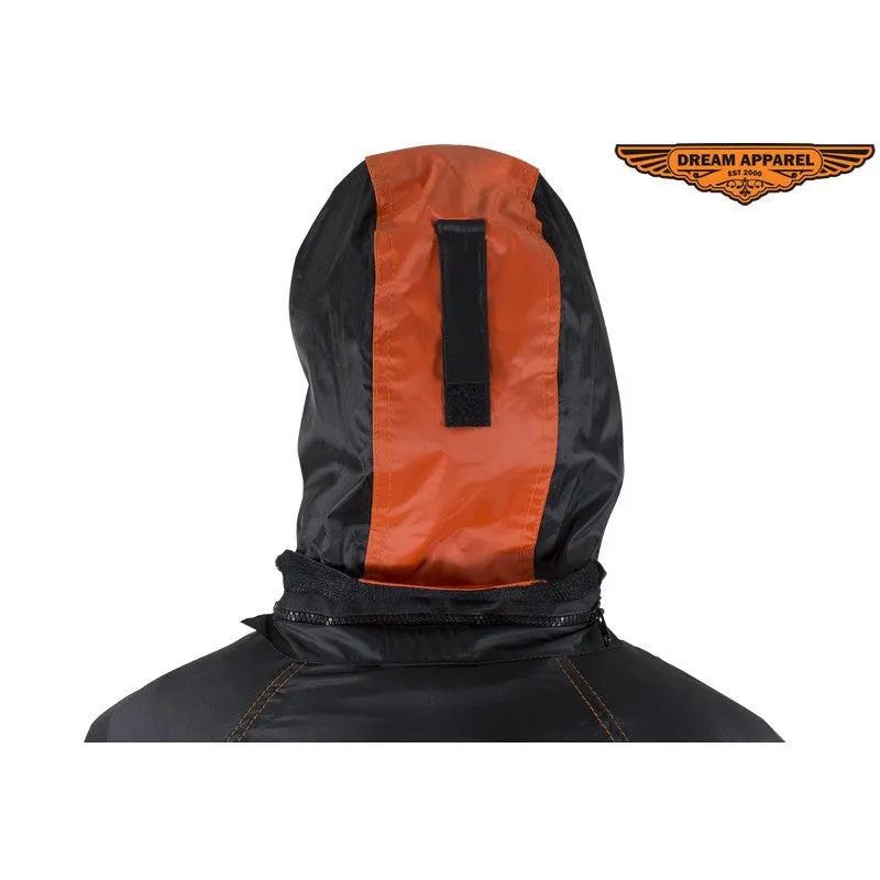 Two-Piece Black & Orange Rain Suit With Zippered Side Seams