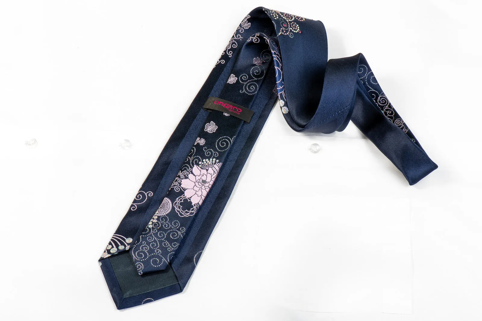 Ungaro Rhinestone Neckties Pink Floral On Navy