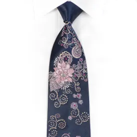 Ungaro Rhinestone Neckties Pink Floral On Navy