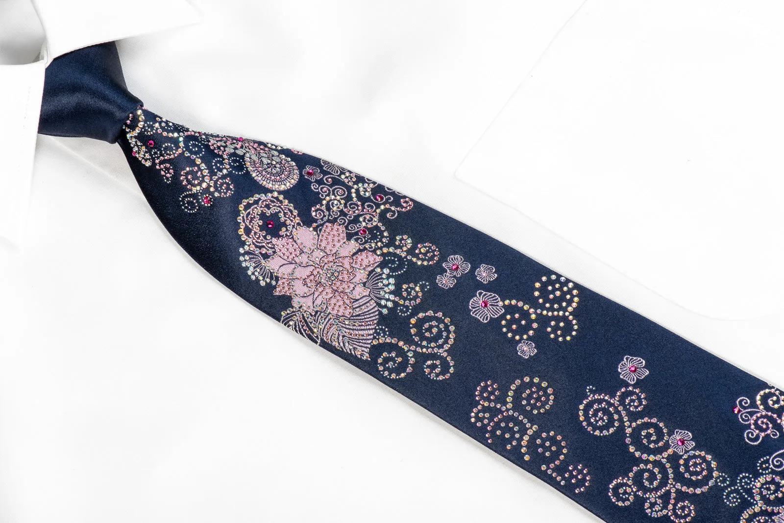 Ungaro Rhinestone Neckties Pink Floral On Navy