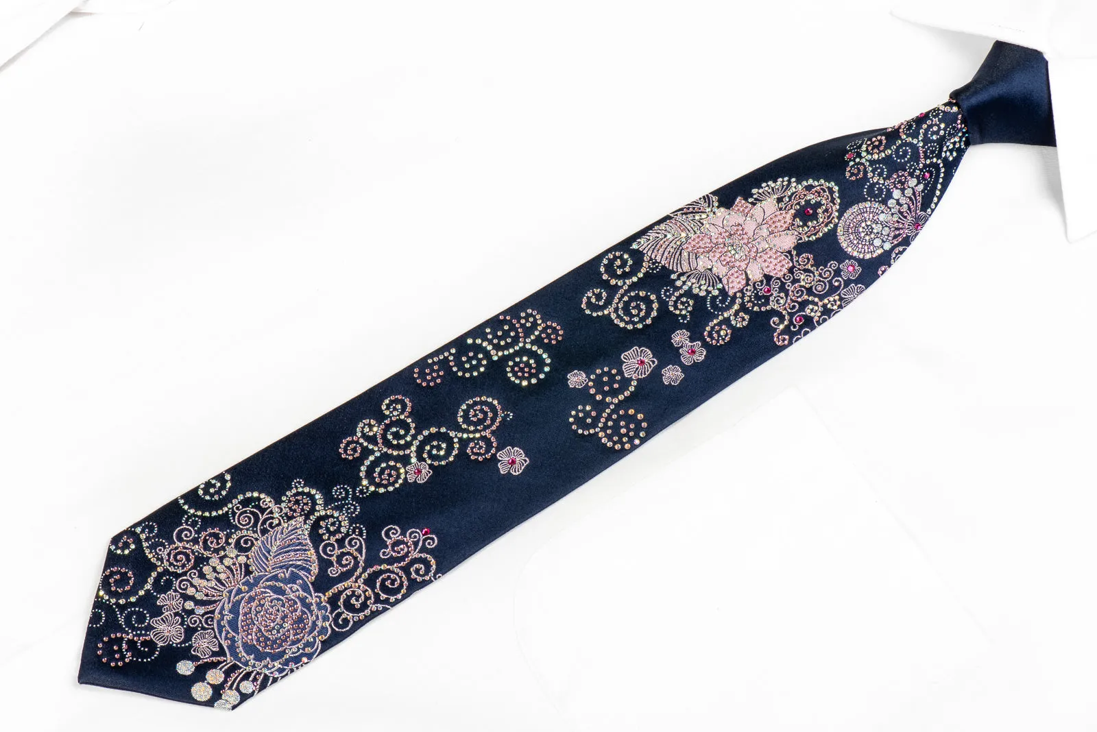 Ungaro Rhinestone Neckties Pink Floral On Navy