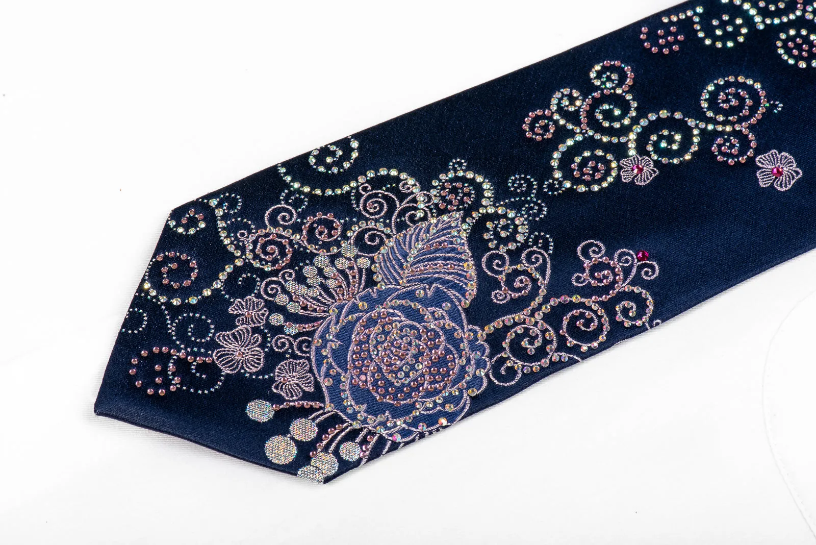 Ungaro Rhinestone Neckties Pink Floral On Navy