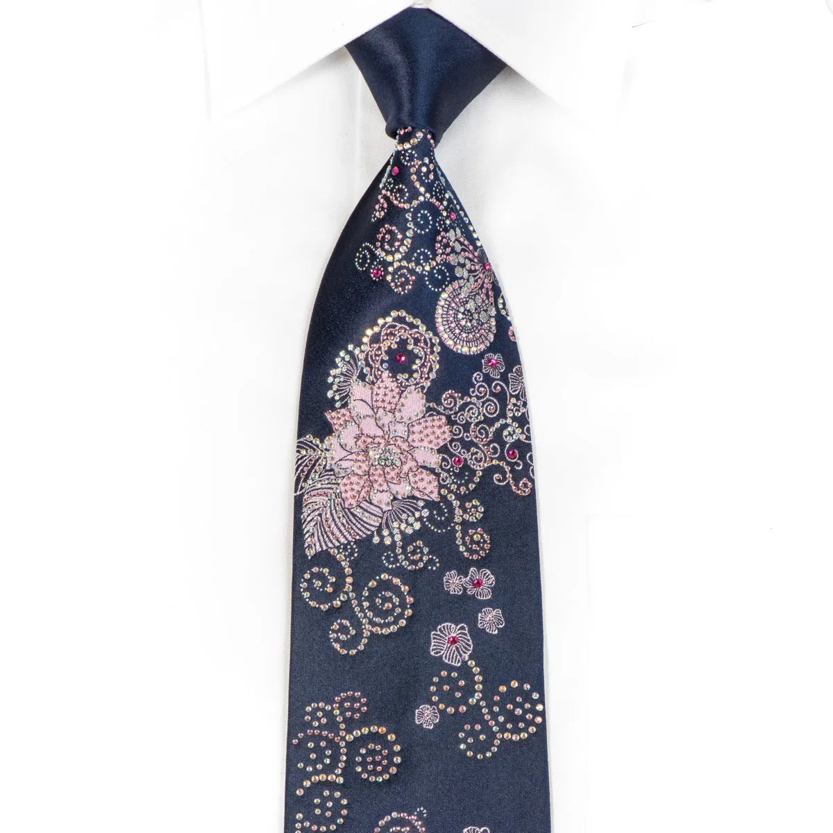 Ungaro Rhinestone Neckties Pink Floral On Navy