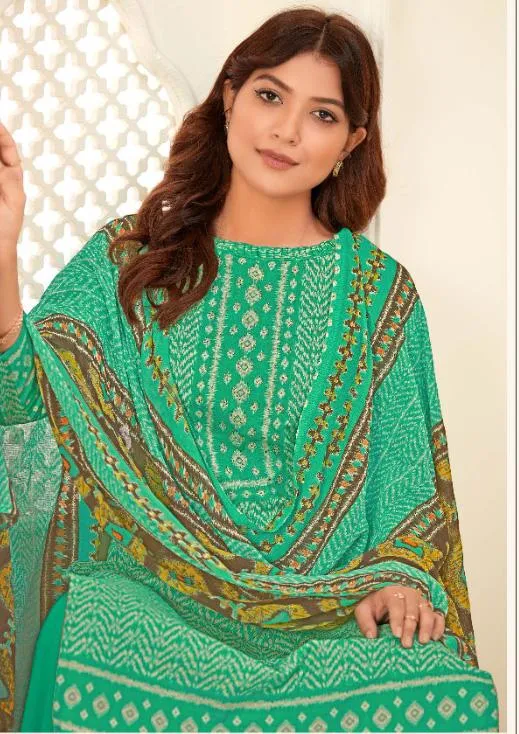 Unstitched Green Palazzo Dress Material with Chiffon Dupatta for Woman