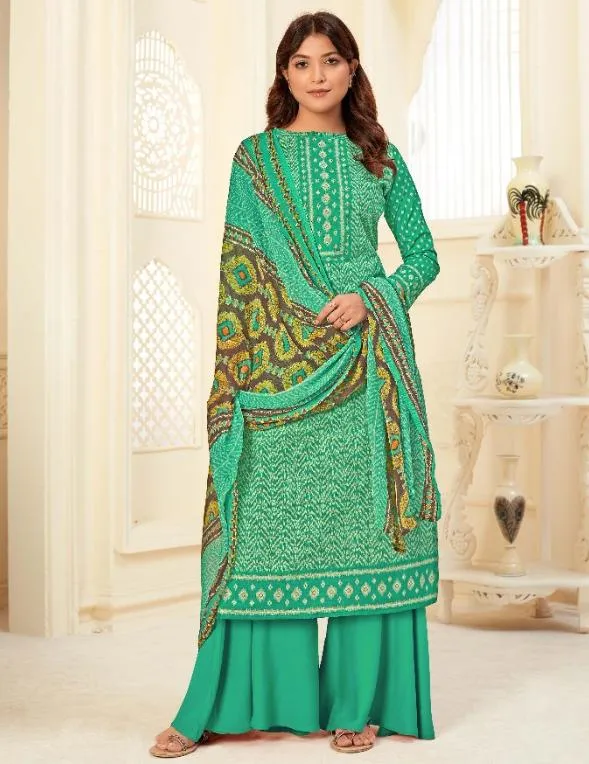 Unstitched Green Palazzo Dress Material with Chiffon Dupatta for Woman