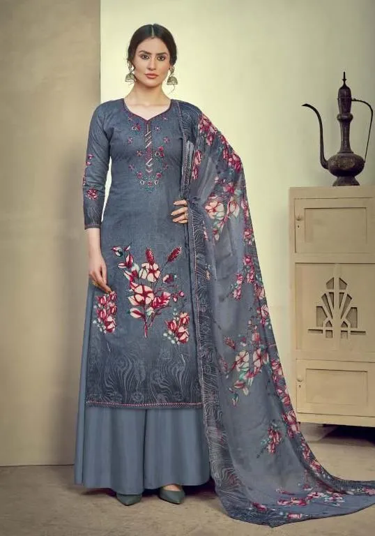 Unstitched Grey Cotton Embroidery Suits Dress Material